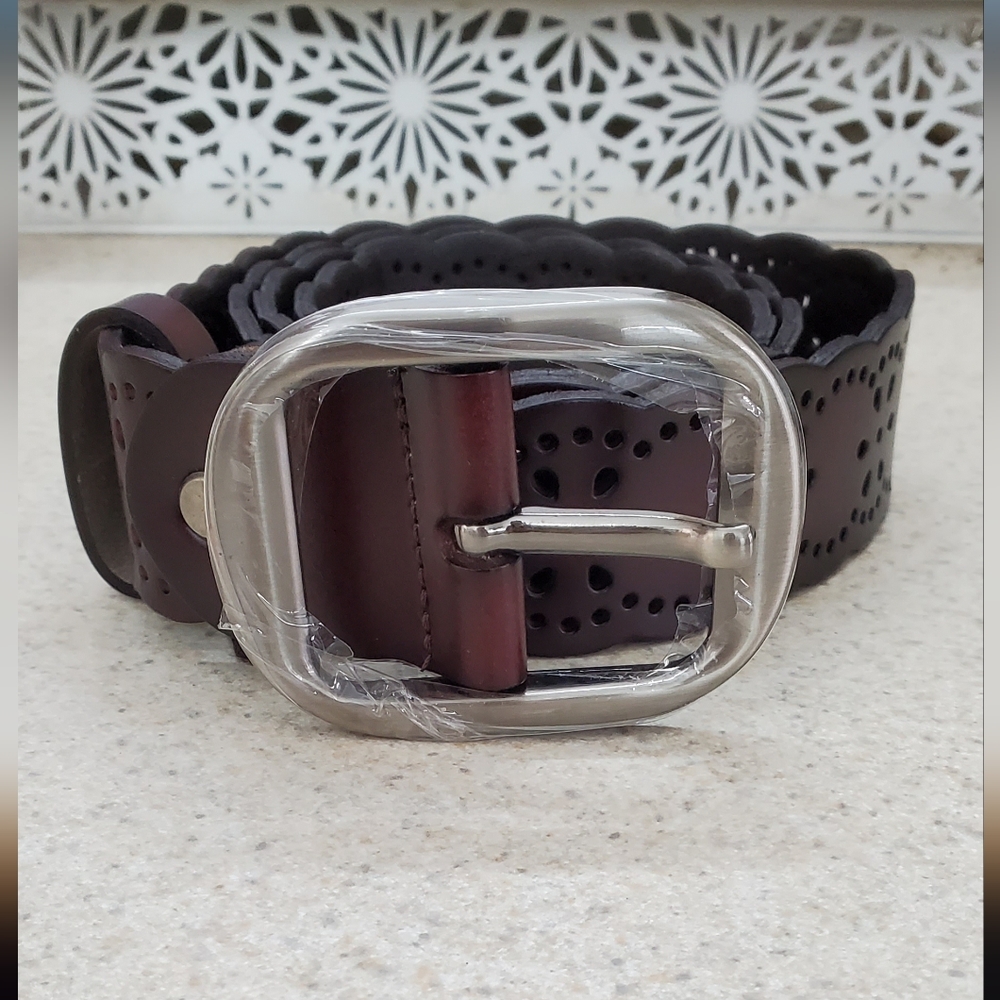 Leather Belt Openwork Pattern Reddish Brown With Silver Gunmetal Buckle
